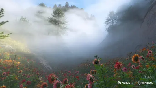山坳里浮起一层棉絮似的云，先是裹着山尖，接着漫过坡地，像谁扯碎了半匹白绢，稀稀疏疏又叠叠层层地压下来。雾紧跟在云后，裹着潮润的凉意漫开，先是给松针蒙上细纱，再给岩石描上银边，最后连石缝里的野菊都被揉进了乳白的雾里——可就在这一片混沌里，偏有光漏了出来！许是云缝里挤进了一缕霞光，或是晨露在花瓣上折射的光斑，那光穿透云雾的刹那，像谁撒了把碎金在绿叶间，红的、粉的、黄的花影在雾里忽明忽暗，倒比晴日里更添了几分朦胧的艳。

风来得急。它从山那边俯冲而下，卷着松涛的轰鸣，掠过草甸时打了个旋儿，把野菊的茎秆吹得东倒西歪。浪也跟着凑热闹，从崖下的溪涧窜上来，撞在石头上碎成雪沫，又扑向岸边的花丛，溅起的水珠沾湿了花萼。可那些花偏不肯低头——被风吹得歪向一边的，待风势稍缓，立刻又直起腰杆；被浪打湿的花瓣，垂着水珠反而更透亮，像浸了蜜的玛瑙。
云散了些，雾淡了些，风还在吹，浪还在打，可那片花海依旧闹哄哄地开着。红的像火苗在抖，粉的像云霞落了瓣，黄的像碎金在晃，连被雨打落的几片花瓣，都还恋着枝桠，在风里打着旋儿不肯落地。原来最烈的风雨，也折不断它们往土里扎的根；最浓的云雾，也遮不住它们骨子里的亮。 by Hailuo AI Video Generator