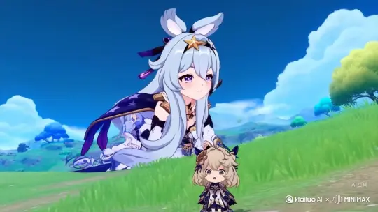 原神派蒙变大250倍，然后戏弄旅行者 by Hailuo AI Video Generator