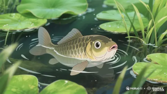 一只鱼，从水下面探出头来后，镜头跟随鱼，然后游走了 by Hailuo AI Video Generator