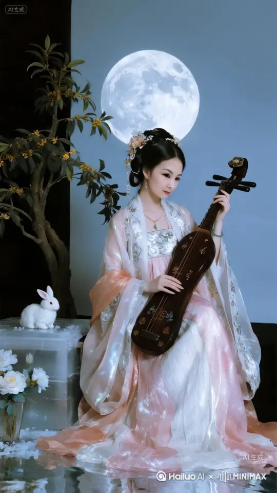 古风仙子，绝世容颜，美丽，妖娆，身着浅粉色荧光琉璃汉服，银纹闪耀，轻抚瑶琴，弹奏忧伤，旁边有桂花树，冰桌，玉兔，一束冰花，背景有一轮圆月，赏月，冷清氛围，极致细节中景，全景构图，电影摄影，超现实[左移,右摇,跟随] by Hailuo AI Video Generator