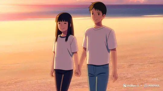 一对青年人情侣。男孩和女孩，正脸，微笑 ，浪漫，一对情侣手牵手一起走在海边的沙滩上，一个短发英俊帅气的男孩，女孩身穿一件T恤，黑色长发，黑色的瞳孔，高兴的笑着，男孩身穿一件白色衬衣，休闲牛仔裤，晚霞，宫崎骏漫画，4k高清	[左移,上升] by Hailuo AI Video Generator