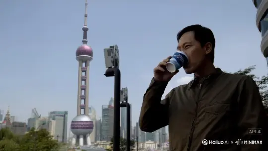 男子来到上海，喝了一杯蜜雪冰城，结果东方明珠塔变成了防御塔开始攻击男子 by Hailuo AI Video Generator