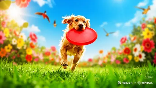 场景：户外草地角色：金毛犬动作：奔跑、叼着飞盘环境细节：绿油油草地、五颜六色花朵、微风、花香氛围：生机、活力镜头要求：全景展示草地环境，近景捕捉金毛犬奔跑动作及表情细节，镜头摇曳跟随金毛犬奔跑方向移动 by Hailuo AI Video Generator