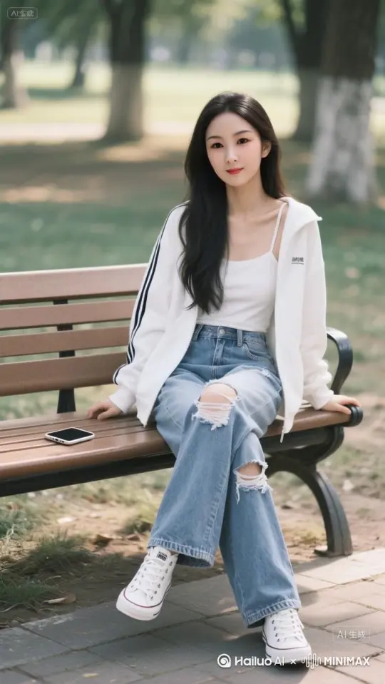 拿起手机站起来往前走，漫步在公园小路，栩栩如生，头发随风微微飘起，面部微笑，手轻轻抚摸头发 by Hailuo AI Video Generator