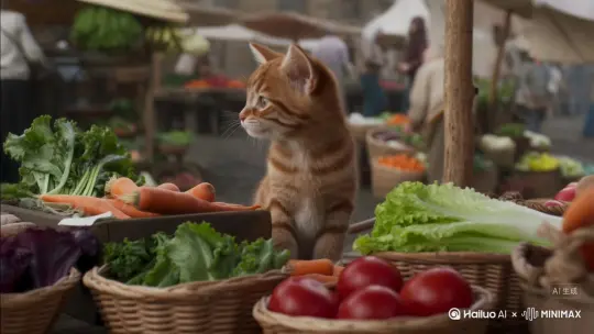 一个小猫在市集上卖菜 by Hailuo AI Video Generator