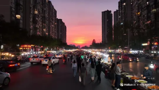 紫红紫红的落日尽显温柔，瞧着瞧着，它缓缓沉落，只留几道余晖。街道两旁的楼房，窗户里几尽灯明，温暖又温馨。这万家灯火中可有等你的那一盏。一天的工作已经结束，街头最热闹的时候。汽车，电动车，摩托车，自行车的声音，不绝于耳。路边的小摊，冒着热气的面，滋滋的烤串，炸鸡的油香，炒菜的香味混合在一起充斥着我们的味蕾。形形色色的人们穿梭在其中，热闹而有序。烟火人间。 by Hailuo AI Video Generator