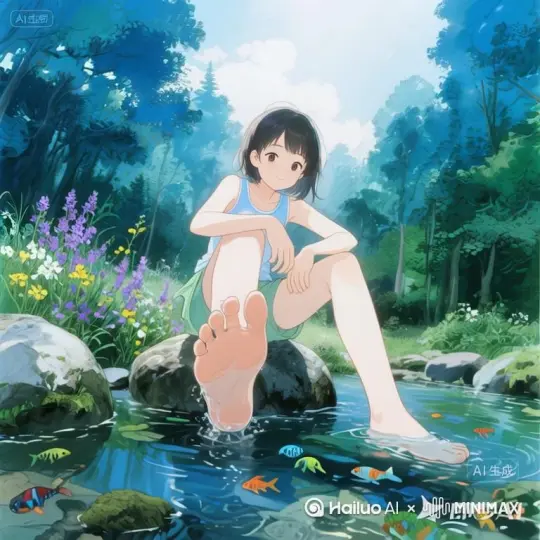 小女孩欢快踩踏溪水，飞溅水花中鱼群迅速散开，清澈水流可见每块鹅卵石，两岸野花丛蝴蝶飞舞，蓝绿主色水彩晕染效果，顶光强调水珠剔透感 by Hailuo AI Video Generator