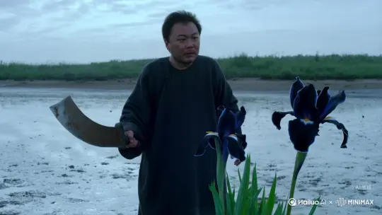 [右移,左摇,跟随]秦三郎脸上挂不住，恰瞥见脚边几棵黑鸢尾正开得妖异浓艳，随口便道：“莫嚷了，再嚷，小心我把这滩涂上开得妖里妖气的黑花全斩了去！”说罢，顺手抄起那把早已锈钝的家传厚背刀，朝着黑鸢尾狠狠劈下。
刀身沉重，锈迹斑斑，劈砍时发出滞涩的闷响。一朵最为硕大、墨色花瓣边缘泛着幽蓝光泽的黑鸢尾被斩落花茎，滚入湿润的烂泥之中。 by Hailuo AI Video Generator