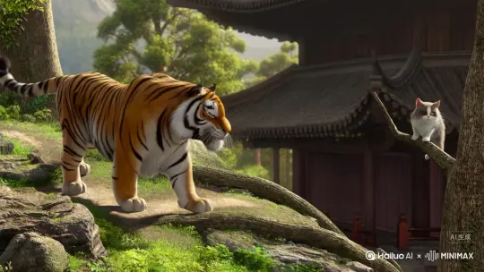 老虎正晃着金纹大尾巴巡视山头,檐角猫突然弓起脊背,亮出银爪拍向虎鼻。
“嗷 ——” 百兽之王被拍得打了个趔趄,怒目圆睁时,猫已踩着虎背蹿上树,尾巴勾着枝桠晃悠,爪子还沾着撮虎须。
树下老虎气急转圈,树上猫舔爪轻笑:“大块头,灵活才是王道!” 风卷落几片叶,都在为这场逆袭喝彩。 by Hailuo AI Video Generator