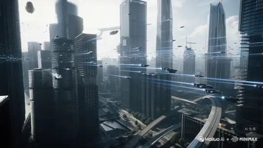 30年后的城市，空中到处都是飞来飞去的飞行器 by Hailuo AI Video Generator