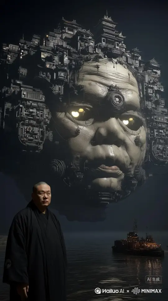 固定镜头不动，前面的男人落寞的缓缓低下头，身后巨大的人面雕像和上面的微缩寺庙逐渐坍塌、陨落，碎片掉落到水中，小船缓缓飘荡 by Hailuo AI Video Generator
