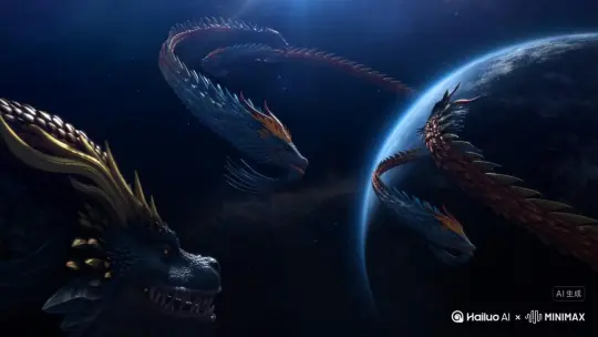 一条一条东方巨龙穿过茫茫宇宙，最终终于回到地球。
请配上符合的音效 by Hailuo AI Video Generator