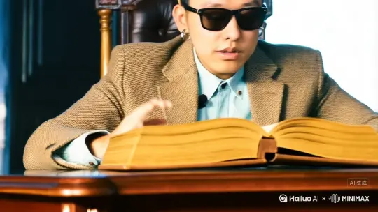 我在红木的桌子上对着一本厚厚的书进行口述，配合一定的身体摆动和微表情。 by Hailuo AI Video Generator