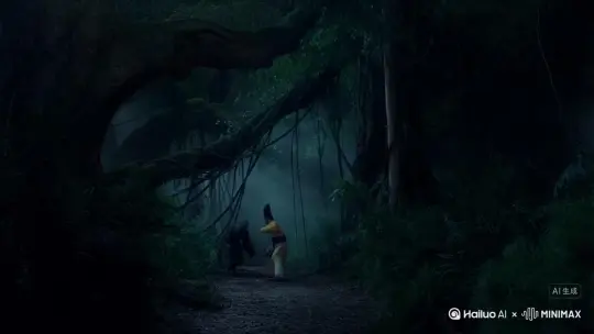 一只清朝僵尸，在丛林里追赶一个道士，远景到僵尸眼睛特写 by Hailuo AI Video Generator