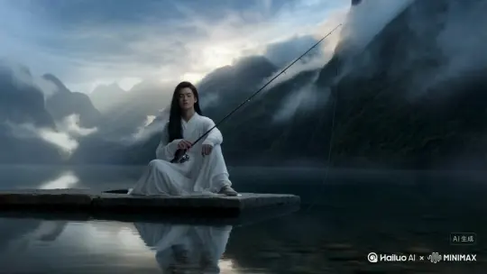 风格:国风,电影级质感,超现实
场景:云雾环绕的仙山湖泊,石台边坐着白衣少年
角色:长发白衣少年,古装,身形修长,神情淡然
动作1:垂钓,闭眼,姿态端庄
动作2:巨龙破水而出,水花四溅,雷光四起
动作3:龙尾击中少年,少年飞入水中
光影:天光斜照,湖面倒影,雷电交织
视角:远景开场,中景推进,近景反转
标签:反差感、戏剧冲突、冷幽默 by Hailuo AI Video Generator
