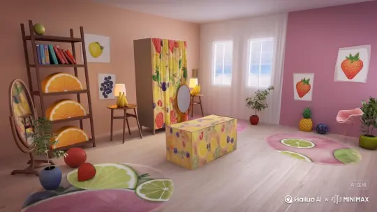 {
"description": "Cinematic shot of a softly - lit bedroom in a deep - fruit style. A sealed box printed with fruit elements trembles, opens, and the fruit - themed furniture assembles rapidly into a quiet, distinctively - styled room, with a bedspread featuring grape patterns on the bed being particularly eye - catching. No text.",
"style": "cinematic",
"camera": "fixed wide angle",
"lighting": "natural warm with cool accents",
"room": "deep - fruit style bedroom",
"elements": [
"Box printed with fruit elements",
"Bed with a bedspread of grape patterns",
"Nightstands in the shape of lemon slices",
"Table lamps in the shape of bananas",
"Wardrobe with watermelon texture",
"Bookshelves in the style of orange segments",
"Strawberry - shaped mirror",
"Fruit watercolor art paintings",
"Blueberry - patterned rug",
"Curtains with pineapple leaf texture",
"Reading chair in the shape of an avocado",
"Plants in fruit - themed flowerpots"
],
"motion": "Box opens, furniture assembles precisely and rapidly",
"ending": "A peaceful, deep - fruit - style space with fruit - characteristic decorations",
"text": "none",
"keywords": [
"16:9",
"deep - fruit style",
"fast assembly",
"no text",
"warm & cool tones"
]
} by Hailuo AI Video Generator