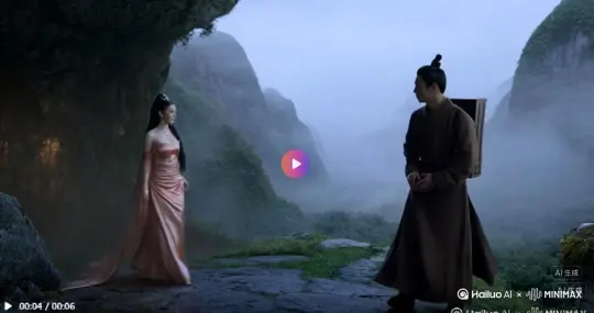 晨雾中的山中，一个慢慢赶路的书生，突然看见一个洞穴，慢慢走进洞穴，面前出现一个妖艳的美貌女子，左右的摇摆，风情万种，书生赶忙走上前去，作揖鞠躬，请问这是哪里的.书生告别了洞中少女，赶紧趁着天还未黑下山，路很滑，书生慢慢的走，天越来越黑了，书生心里很紧张，其实在书生的后边，有一个无形的影子一直在跟随他，书生不敢回头，这时候，路上突然出现一个喝醉的和尚，和尚看到书生，问书生要到哪里去？书生说到半山的普济寺落脚，和尚说，那我们同行吧。这时候，书生后边的影子不 by Hailuo AI Video Generator