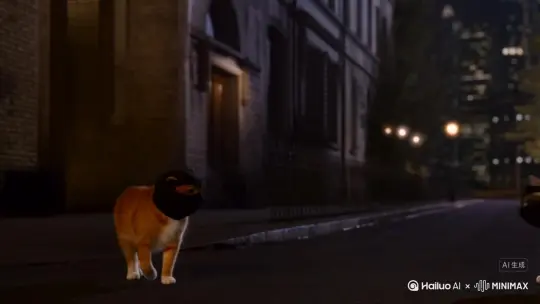 一个橘猫一个狸花猫相对而走，两个都带着土匪头套，然后橘猫面向镜头比出一个中指的手势，时间为晚上 by Hailuo AI Video Generator