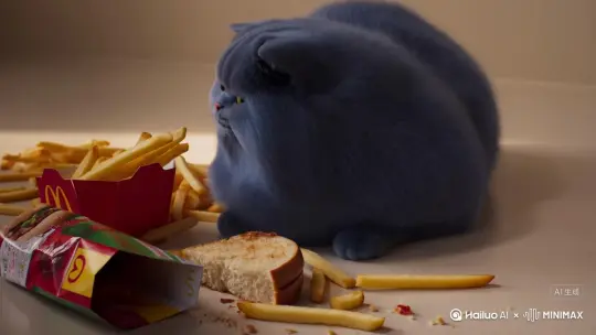 生成一只肥胖的蓝猫，在吃麦当劳 by Hailuo AI Video Generator