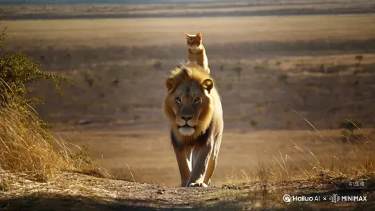 生成一张一只橘色的猫坐在狮子头上，在大草原上散步，写实画风，景头正面 by Hailuo AI Video Generator