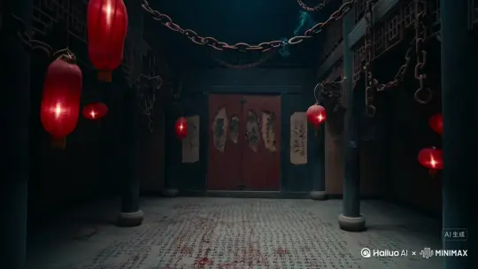 Wide shot of an ancient Chinese hall named “千罚殿”, dim red lanterns sway unnaturally in still air, torn Taoist talismans hanging on cracked red wooden doors, faint incense smoke drifting slowly, massive rusty chains hang from the ceiling, floor covered with blood-stained calligraphy, cold oppressive atmosphere, traditional Chinese horror style, cinematic lighting, soft camera movement, ultra-realistic texture, 4K by Hailuo AI Video Generator