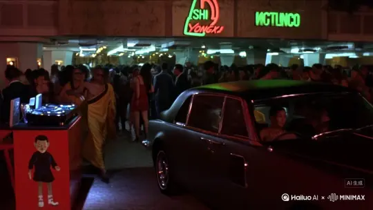 第一步 [左移,推进,右摇]场景酒吧夜店门口，释永信大和尚穿袈裟，镜戴着墨坐劳斯莱斯下车，第二步小和尚穿着袈裟拉开车门，第三步，[跟随]释永信大步进入夜店，身边来了两个身穿短裙的美女，释永信大和尚左拥右抱，第四步，释永信嘴里叼着雪茄上台打碟，手握酒瓶，跟着音乐节拍扭动身体主角释永信 by Hailuo AI Video Generator