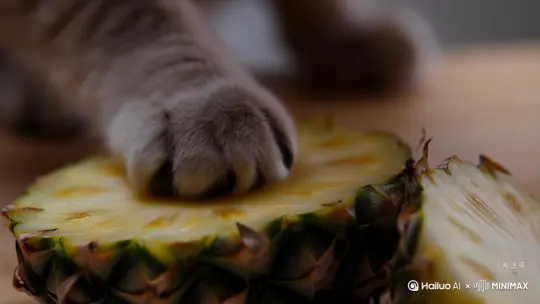 一只小猫爪在揉一个切开的菠萝后，菠萝变成史莱姆 by Hailuo AI Video Generator