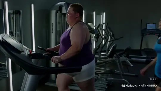 The same chubby young man, visibly struggling and sweating, is running on a treadmill in a brightly lit gym. He is wearing ill-fitting workout clothes. A fit female fitness coach, with a toned physique and a stern expression, walks by and stops beside him. She leans in and says sarcastically, 'You're so damn fat, still thinking about losing weight? Hurry up and think about how to join a sumo wrestling match.' The chubby man's face falls, showing deep discouragement by Hailuo AI Video Generator