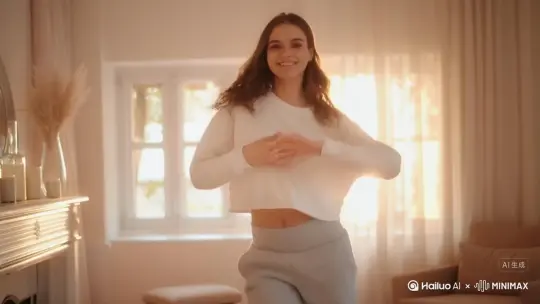 阳光透过窗户照进室内，一位身穿瑜伽服的美少女在翩翩起舞，明眸皓齿，笑意娇媚，身影舞动，灵动优美，仿佛整个身体都在发光 by Hailuo AI Video Generator