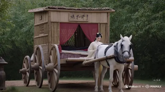 古代一匹白马拉一辆四轮木车 ，车上是一个简易竹木屋，有红布帘子撩起，上方有一个牌匾写着自驾游三个毛笔字，房车木屋里面有床和被子，一位古代美女坐在车前方，手持诗书在读，旁边有一只猫咪和一只狗相伴。马拉着车缓缓向前行，有电影真实感。 by Hailuo AI Video Generator