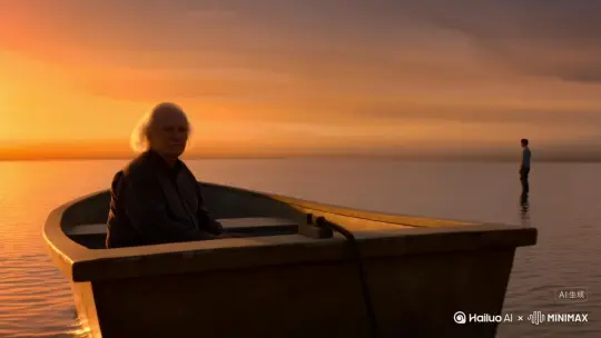 一个老人坐在一叶小舟上，小舟轻轻地浮在水中，夕阳映衬着老人的银发，水天一色，船缓缓驶向远方，这时，随着老人远去，境头转移至岸边，一个年轻人正挥手告别，热泪盈眶[推出,上升,下摇] by Hailuo AI Video Generator
