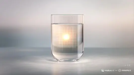 一款可以根据天气变色的智能大玻璃水杯，杯中盛满水，玻璃杯体体现下雨，阴天，晴天，下雪的场景，显示时间半透明显示 by Hailuo AI Video Generator