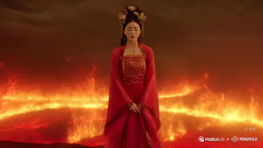 一身红色古装的倾国倾城绝世美女为情所困，生不如死，转身毫不犹豫的纵身跳入绝情火海，涅槃重生为凤凰公主。万丈霞光普照大地。。。。。。 by Hailuo AI Video Generator