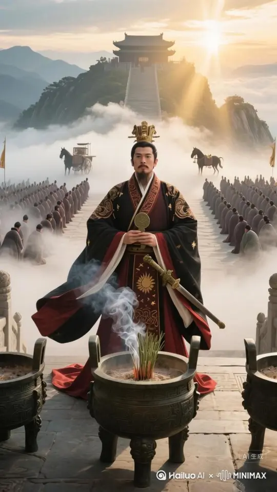 参考上图，帮我生成一个视频。比例9：16。图中嬴政身姿微微前倾参拜顿首。镜头拉远后移，嬴政缓慢转身。再镜头上移拉近至台阶尽头宫殿上。环境跟随镜头变化。不要搞错人物动作。 by Hailuo AI Video Generator