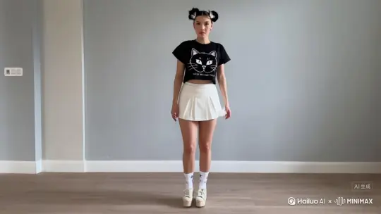 年轻女生在跳现代舞。
女生相貌：黑色头发扎成双丸子头，发间别着白色蝴蝶结发卡，五官精致，眼神清澈，面容略带清冷感。肤白貌美大长腿，前凸后翘，面对观众，站立，展示全身。上身穿着黑色短款露脐T恤，T恤上印有白色卡通猫咪图案；下身搭配白色百褶超短裙，露出纤细的腰肢和修长双腿；穿着白色中筒袜，上面有星星等小巧装饰，搭配米白色厚底运动鞋。
室内居家场景：浅灰色墙面，一侧摆放着一张浅地
面是浅木色地板，光线明亮。 by Hailuo AI Video Generator