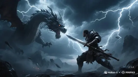 zha[晃动]士兵在跟巨龙对战，巨龙煽动着翅膀，[跟随]镜头要给到士兵的面部特写，电影级视觉特效，电影级画质 by Hailuo AI Video Generator