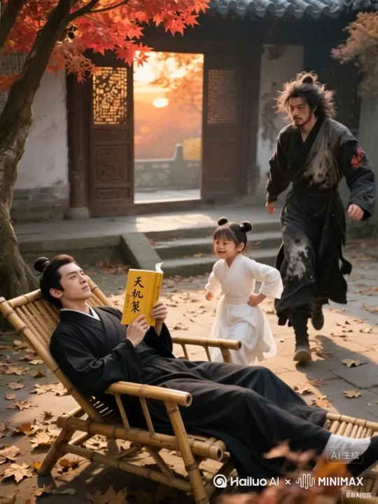 [初始帧]  
全景俯视：古槐树冠覆盖80%画面，阳光穿透叶隙形成光柱，青石板地苔藓斑驳  
竹摇椅（老旧竹材泛黄）自右向左匀速摆动，轨迹残留半透明残影  

[3秒镜头运动]  
镜头推进至中景：  
- 宁安左臂垂落椅边，指尖悬空（特写手部皮肤汗珠）  
- 酸梅汤竹筒外壁凝结水珠滑落（慢镜头水滴轨迹）  
- 琉璃墨镜反光变化：依次反射树叶→飞鸟→**爆炸火光闪现0.5秒**  

[动画触发点]  
当镜头聚焦墨镜时：  
1. 镜面折射光突然扭曲成实验室玻璃器皿形状  
2. 器皿内红色液体沸腾→白光爆炸（无声）  
3. 墨镜恢复反光，映出槐树叶影 by Hailuo AI Video Generator