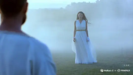 在晨雾中，你从风中快速的跑来，一袭飘飘的古装白衣，绝美的脸颊，带着哀伤的眼神，直接奔向我这个男人的怀中。 by Hailuo AI Video Generator