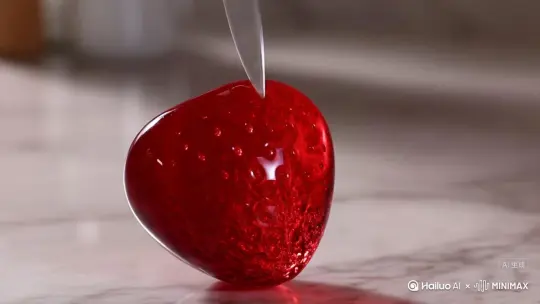 拍摄一张逼真的画面：一把锋利的不锈钢厨房刀，其黑色哑光刀柄正切割着一颗完全由透明玻璃制成的鲜艳红色草莓，刀刃正处于切割过程的中间位置。这颗草莓被精心雕琢，表面光滑且闪耀着柔和的漫射光，每个种子都精致地凸起在表面之上。由于刀具向下划动，一片洁白的切片缓缓脱离，露出一个晶莹剔透、如草莓般饱满的果核，其内部纹理细致，透过透明材质还能看到微妙的光线折射。场景设定在一块中性色调的大理石台面上，有着柔和的环境反射，没有背景干扰。没有音乐，没有电影般的黑屏，没有水印，没有字幕。摄像机固定在特写正面视角下，以缓慢的速度拍摄。 by Hailuo AI Video Generator