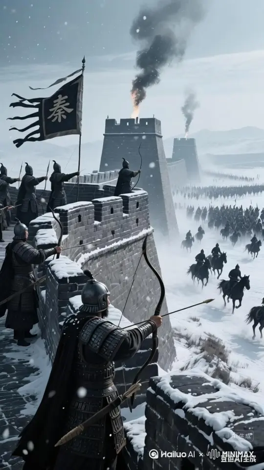 参考上图帮我生成视频。
大远景，秦长城，青黑石墙，风雪纷飞，长城烽火台狼烟四起。
镜头拉近，中景，   城墙上，每一个垛口站着一个秦朝将士，气势昂扬，张弓举箭，铠甲鲜明，秦字大旗迎风飘扬。
镜头下移并拉远。长城外，无数游牧民族骑兵，黑压压地急奔而来。比例 9:16。 by Hailuo AI Video Generator