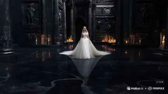 A six‑second, ultra‑realistic, cinematic‑quality video: at its center walks a tall, voluptuous young woman with porcelain skin, perfectly sculpted features, and no freckles. Her silky hair cascades over her shoulders. She wears an opulent white evening gown with an exceptionally wide skirt and an extra‑long train that trails behind her; the intricate weave of the fabric is clearly visible, layered with sheer tulle that subtly shimmers. She strides gracefully through the interior of a vast, black‑toned castle—towering obsidian pillars, dark marble floors that gleam with a cold radiance under flickering candlelight, and lifelike bas‑relief carvings on the walls. She moves forward at a natural walking pace. The shot uses physical‑based rendering: perfect depth of field isolates her from the background, volumetric light from the candles drifts gently through the air, and the floor’s reflections are richly detailed. Flecks of golden particles drift around her. The overall color palette leans cool, with subtle blue‑black contrasts, evoking the look of high‑end Hollywood fantasy VFX frames—solemn, mysterious, and dreamlike. by Hailuo AI Video Generator