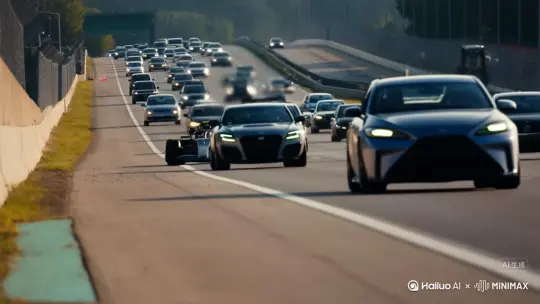 开在高速公路的F1赛车飞速行驶躲避在高速公路上的小汽车 by Hailuo AI Video Generator