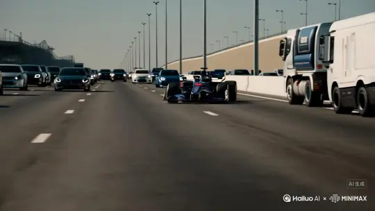 开在高速公路的F1赛车飞速行驶躲避在高速公路上的小汽车[左移,上升] by Hailuo AI Video Generator