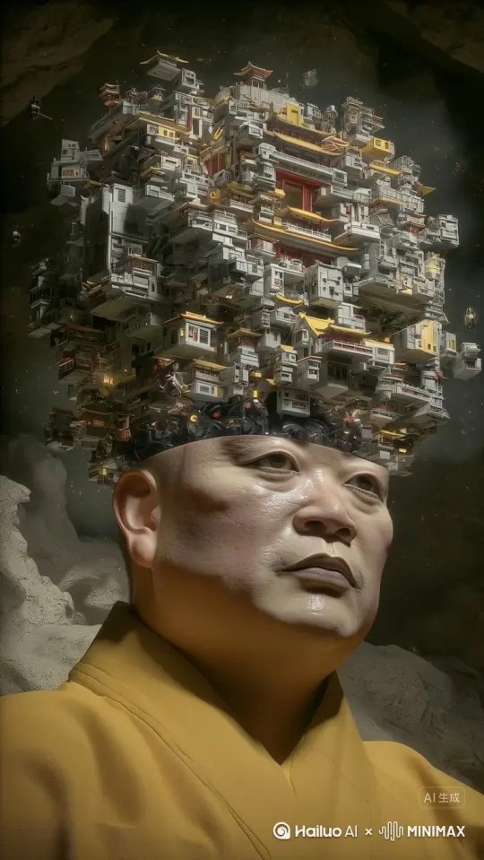 人物头部的微缩寺庙逐渐倒塌、碎裂，碎片纷纷掉落，人物露出痛苦的表情，固定镜头[固定镜头] by Hailuo AI Video Generator