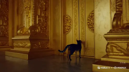 帮我生成一个，一只蓝色橘猫在一个金碧辉煌的大厅里，打开一扇金门，里面是紫荆城[左移,推进,右摇] by Hailuo AI Video Generator