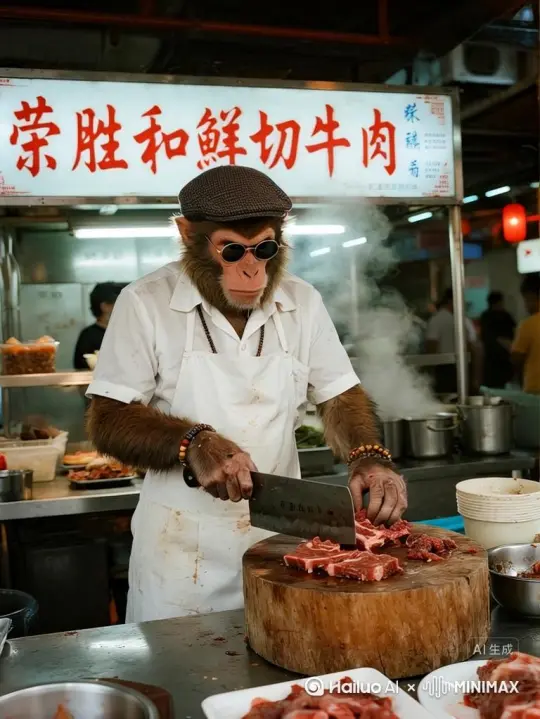 猴子专注地，娴熟快速有节奏的切着肉，拿刀切两片肉然后放到盘里，动作真实自然 by Hailuo AI Video Generator