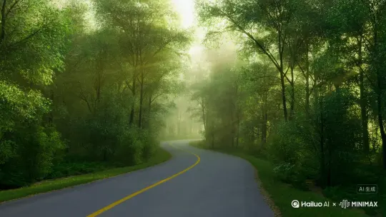 一条蜿蜒的道路穿过茂密的森林，沐浴在柔和的绿光中。阳光透过树叶，营造出一种朦胧的翡翠色调。两边排列着高大的树木，它们的叶子形成了郁郁葱葱的树冠。道路的黄色线条和光滑的表面与充满活力的绿色植物形成鲜明对比，捕捉到黎明时宁静、雾蒙蒙的森林景象。 by Hailuo AI Video Generator