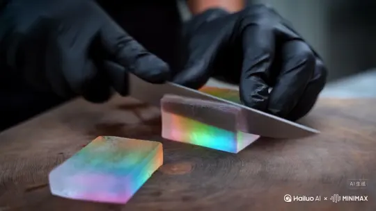 调用video3生成视频：一双手戴着极简风格的黑色手套，4K超写实特写镜头记录一把刀在木质砧板上快速切割一块长方形彩虹色冰砖的画面。刀刃反复切片，每切下一片，彩虹色冰片便顺势倒下，同时刀刃移向下一个位置。这颗“冰砖"的内部也是彩虹色冰材质，音效呈现 ASMR风格。 by Hailuo AI Video Generator