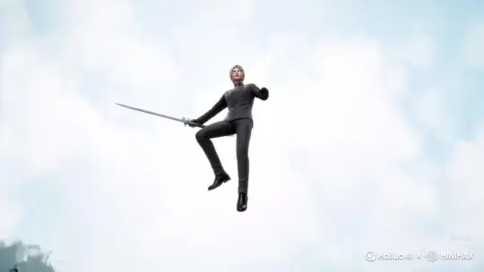 画面中的人物用力向下方挥动一下手中场景，画面上方一把超巨大的巨剑从天而降，紧接着巨剑消失，一条中国风银白色巨龙从天空中出现朝着镜头方向快速飞过来，之后银白色巨龙向下扎入厚厚的云层里 by Hailuo AI Video Generator