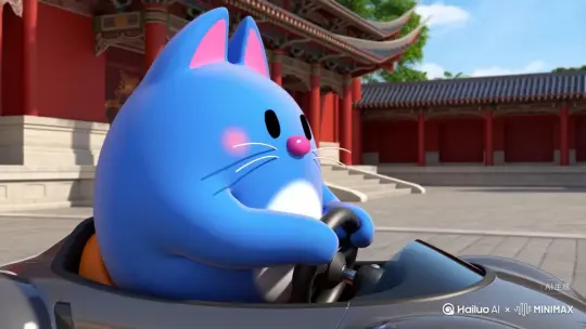 3D动画风格，画面主体是一只蓝色的胖猫，耳朵内侧为粉色，有着白色的胡须和粉色的鼻子，在少林寺里面开着跑车 by Hailuo AI Video Generator